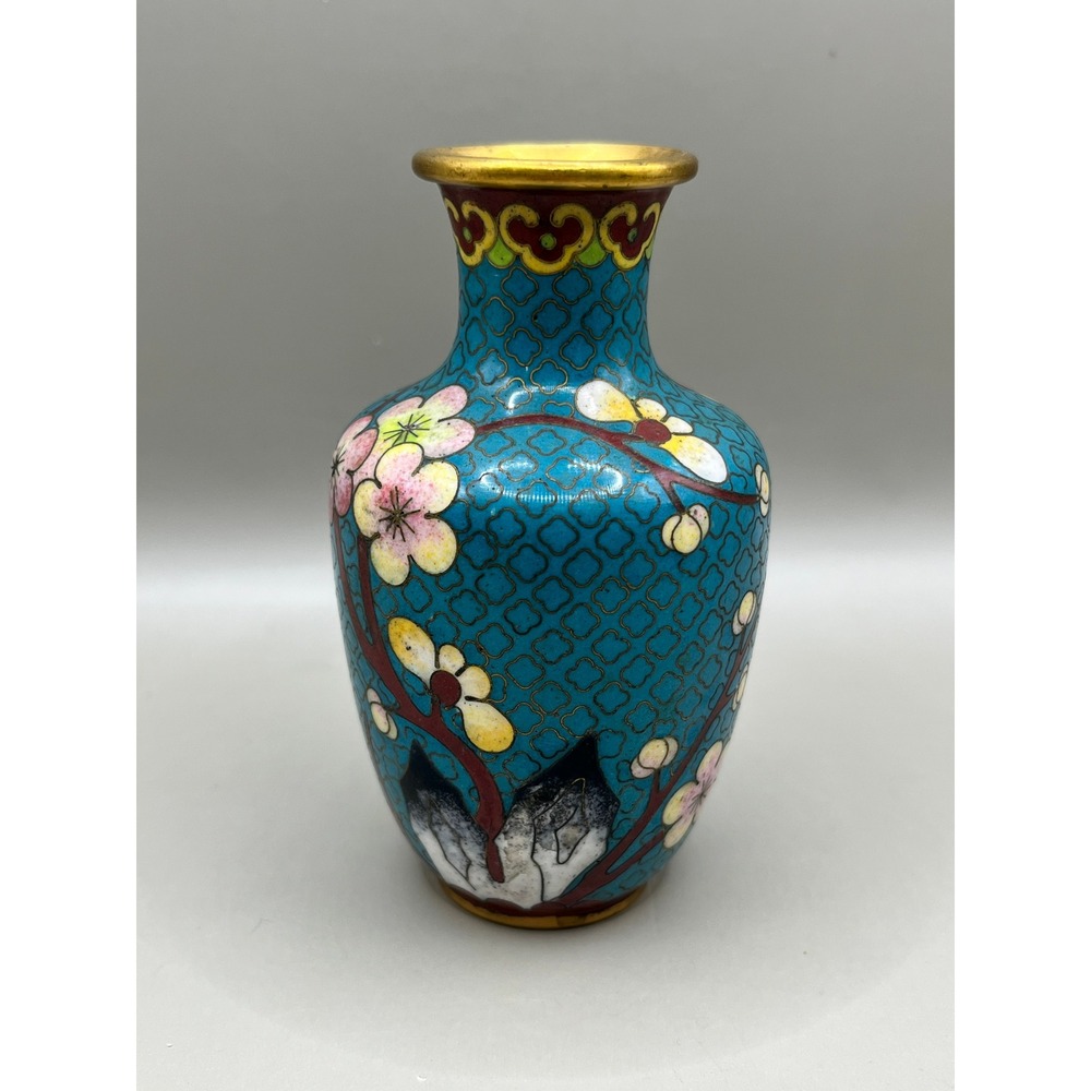 Vtg Chinese Cloisonne Enamel Miniature Vase Turquoise Cherry Blossom 4" Brass